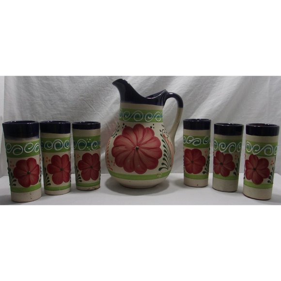Handmade & Painted Mexican Terracotta Pitcher w/ 6 Tumblers Artisanal Painted Ta